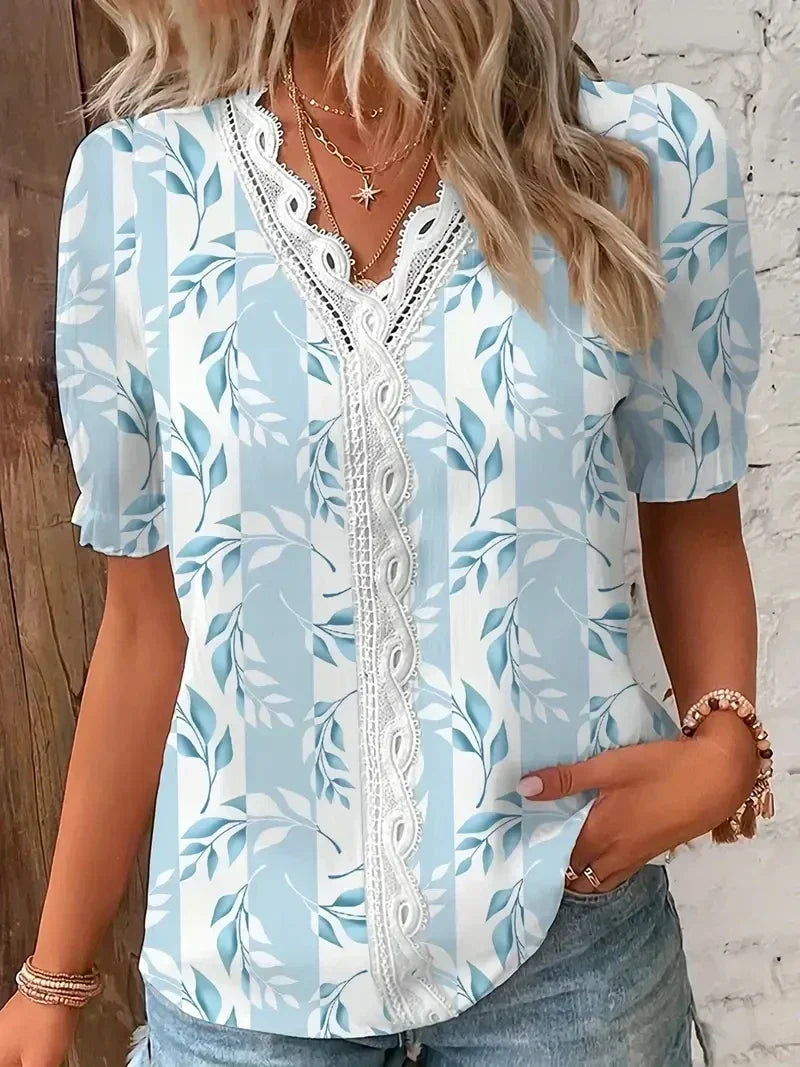 Women V-Neck Blouse Leaf Print - VibreMode