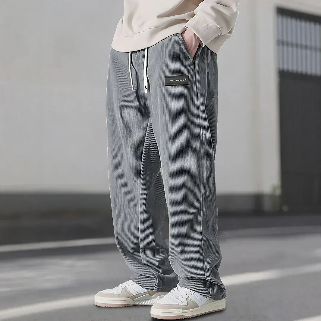 Men's Straight Leg Ribbed Pants Drawstring Waist Cotton