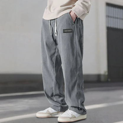 Men's Straight Leg Ribbed Pants Drawstring Waist Cotton