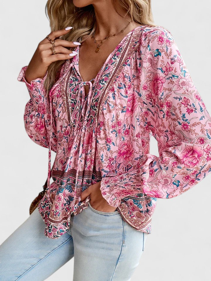 Women's V-Neck Puff Sleeve Blouse Floral Print