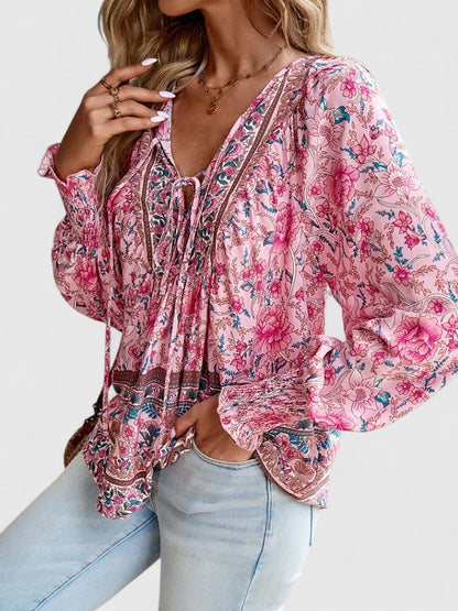 Women's V-Neck Puff Sleeve Blouse Floral Print