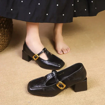 Women's Block Heel Mary Jane Shoes Gold Buckle