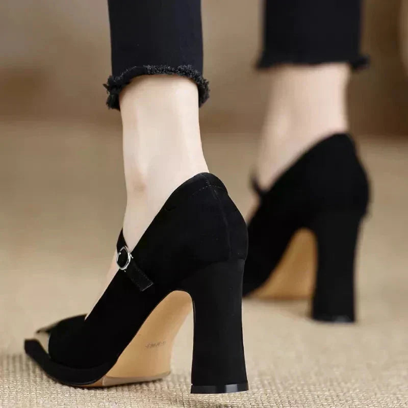 Serena Women's Block Heel Mary Jane Pumps Cap Toe Strap