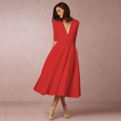 Women's Deep V Neck Midi Dress Half Sleeves Flared Skirt