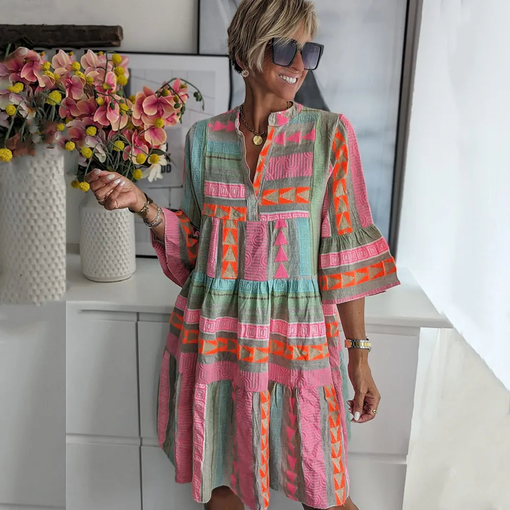 Women's Geometric Print Dress Flared Sleeves - VibreMode