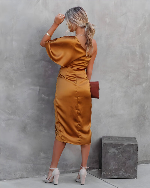 Women's Satin One-Shoulder Midi Dress with Ruffles