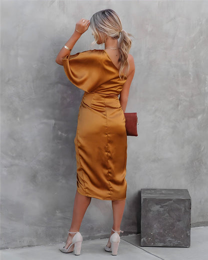 Women's Satin One-Shoulder Midi Dress with Ruffles