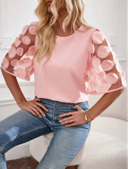 Women's V-Neck Blouse Sheer Sleeves