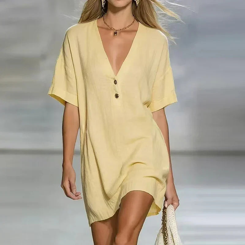 Women's V Neck Linen Shirt Dress - VibreMode