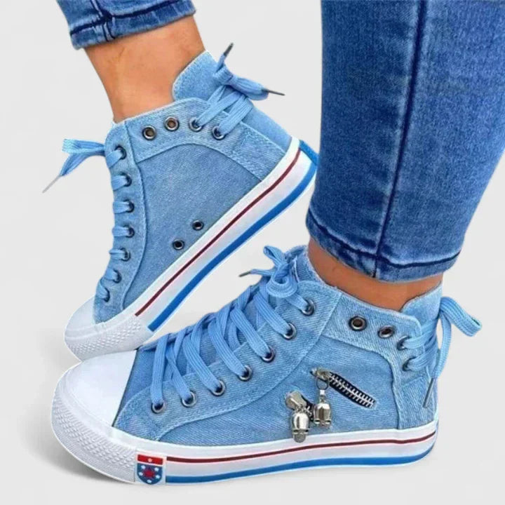 Women's High Denim Sneakers Lace-Up Side Zip - VibreMode