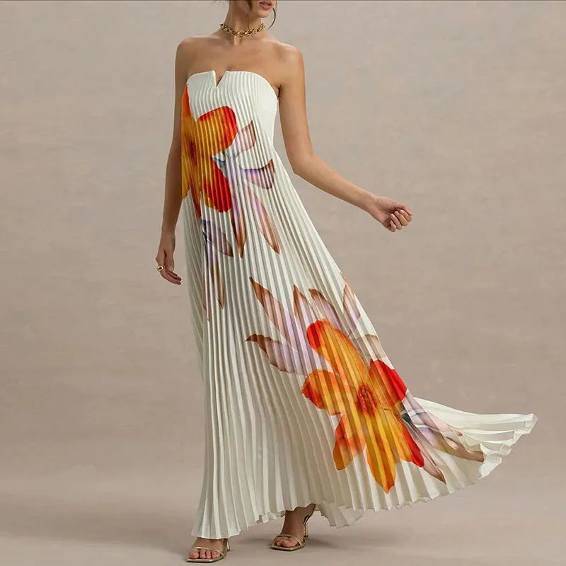 Women's Pleated Maxi Floral Dress - VibreMode