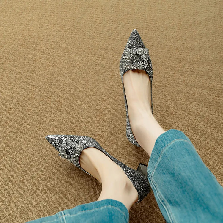 Women's Glitter Pumps Pointed Toe Crystal Buckle Heel