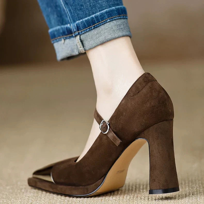 Serena Women's Block Heel Mary Jane Pumps Cap Toe Strap