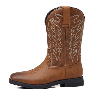 Men's Western Cowboy Boots Embroidered Mid-Calf Square Toe Brown