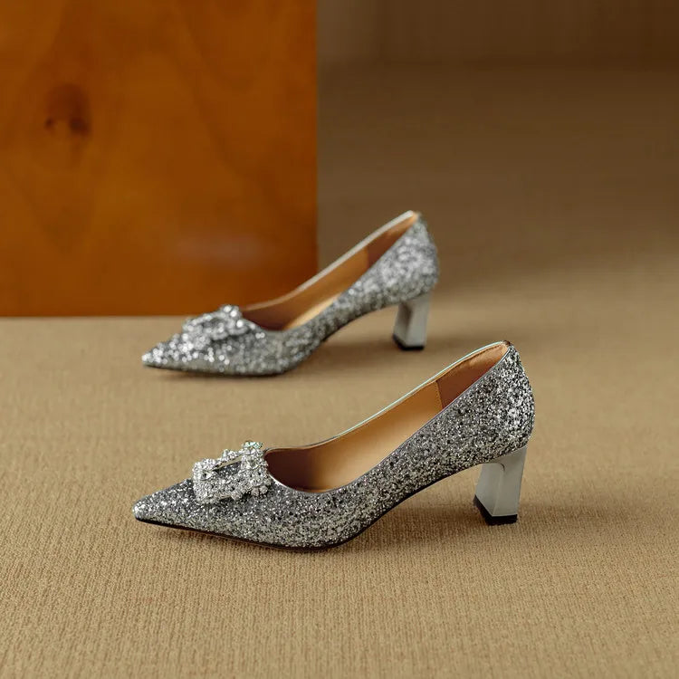 Sparkly High Heel Pumps with Crystal Strap Detail