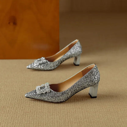 Women's Glitter Pumps Pointed Toe Crystal Buckle Heel