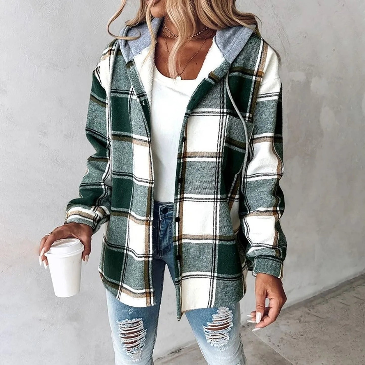 Women's Plaid Hooded Cardigan