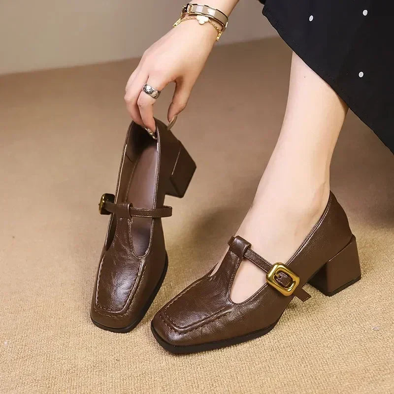 Women's Block Heel Mary Jane Shoes Gold Buckle - VibreMode