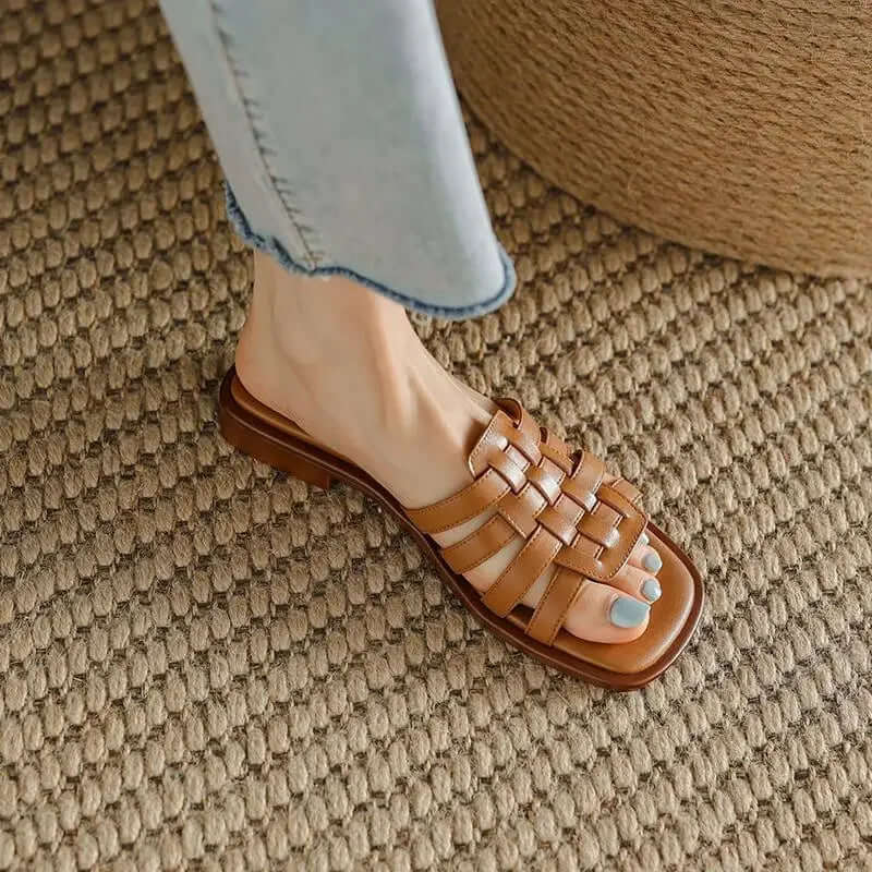 Women's Leather Flat Slides Comfortable