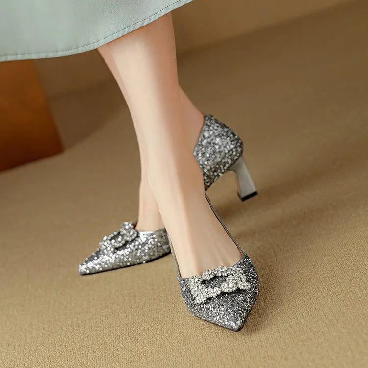 Sparkly High Heel Pumps with Crystal Strap Detail