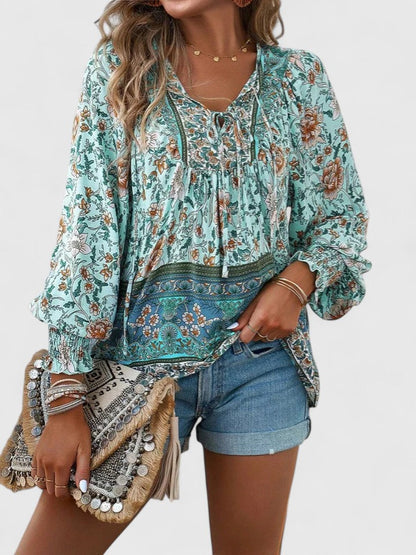 Women's V-Neck Puff Sleeve Blouse Floral Print