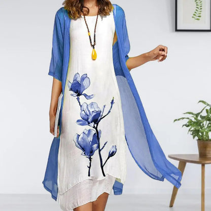 Women's Floral 2 Piece Dress Set with Lightweight Cardigan