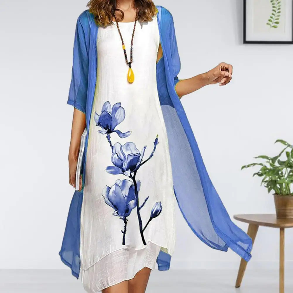 Women's Floral 2 Piece Dress Set Sheer Cardigan