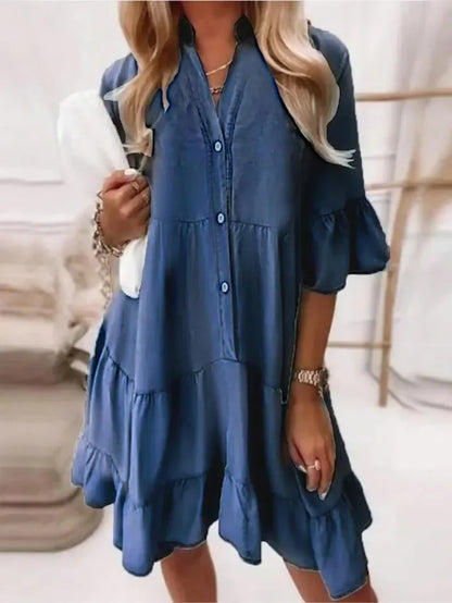 Women's Ruffle Mini Dress Cotton Button Down