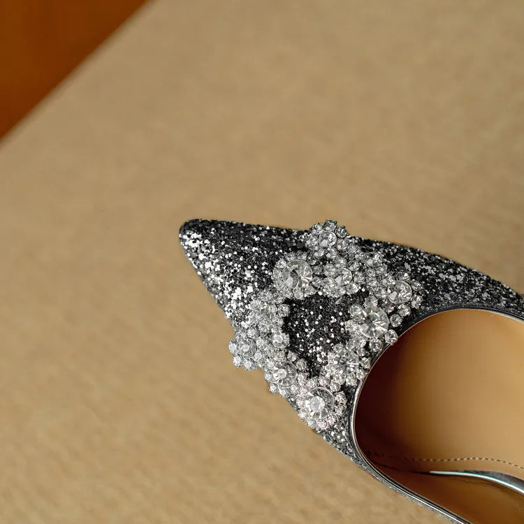 Women's Glitter Pumps Pointed Toe Crystal Buckle Heel