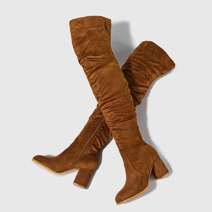 Women's Knee High Boots Pointed Toe Block Heel Slouch Black