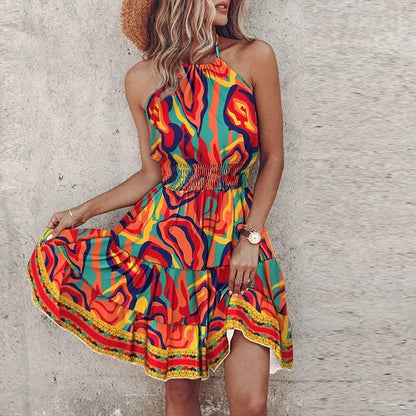 Women's Asymmetric Backless Mini Dress Printed Flowy