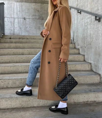 Women's Double-Breasted Winter Coat Wool Classic Fit Belted Tan