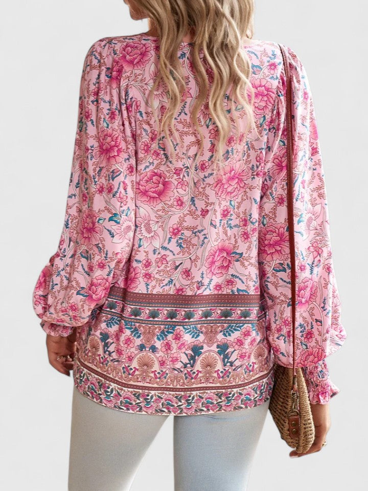 Women's V-Neck Puff Sleeve Blouse Floral Print