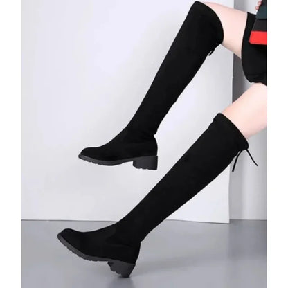 Women's Black Over-Knee Lace Boots Chunky Heel