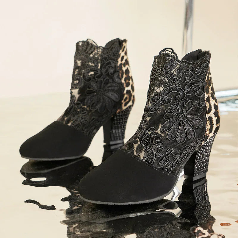 Women's Ankle Boots Block Heel Patterned Panel Design