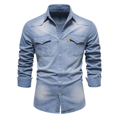 Men's Long Sleeve Button Shirt Cotton Contrast Dual Pocket