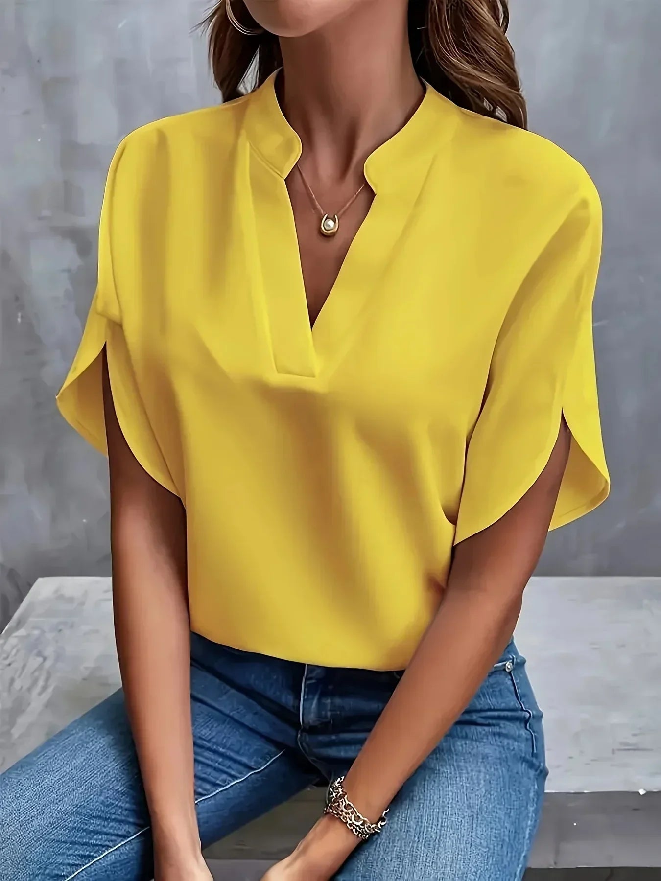 Women's Short Sleeve Blouse Split Neckline