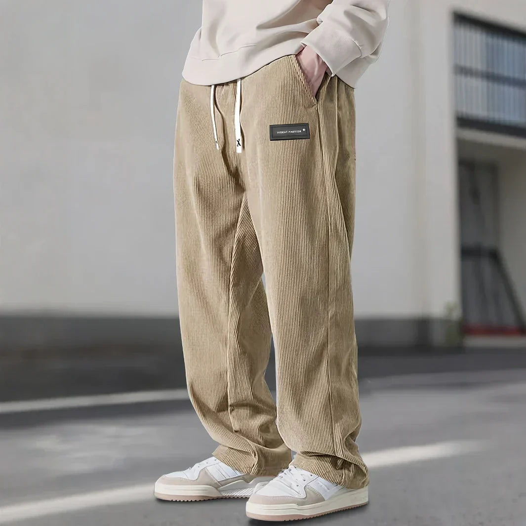 Men's Straight Leg Ribbed Pants Drawstring Waist Cotton