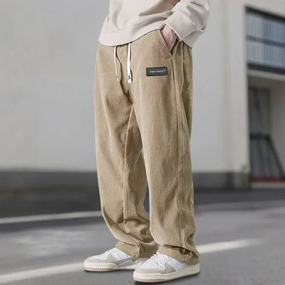 Men's Straight Leg Ribbed Pants Drawstring Waist Cotton