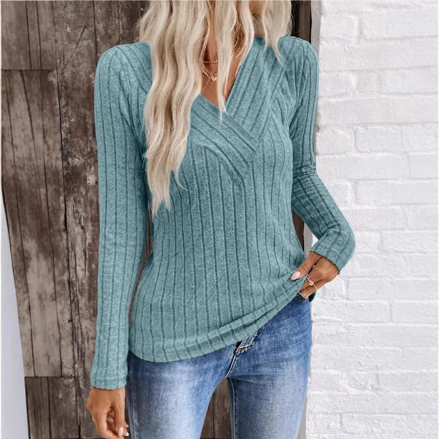 Women's V Neck Sweater Ribbed Texture - VibreMode