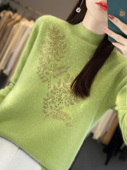 Women's Embellished Sweater Leaf Design