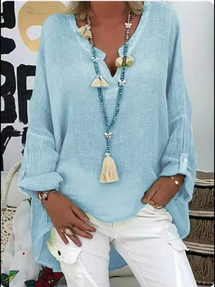 Women's Relaxed Fit V-Neck Blouse Long Sleeve - VibreMode