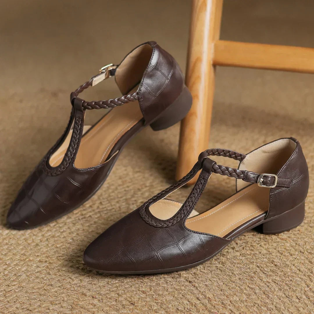 Women's Leather Mary Jane Flats Pointed Toe Black