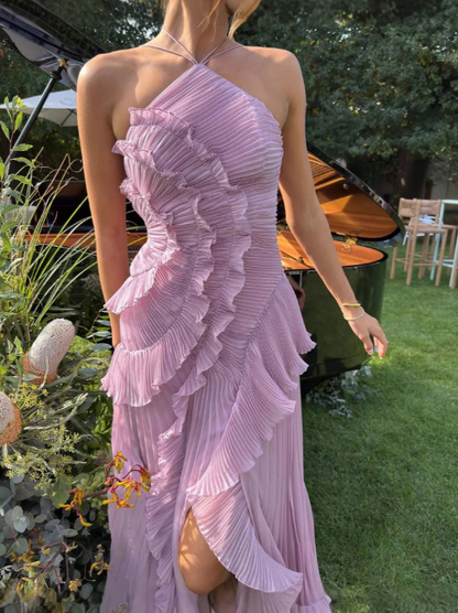 Women's Maxi Halter Evening Dress Pleated Design