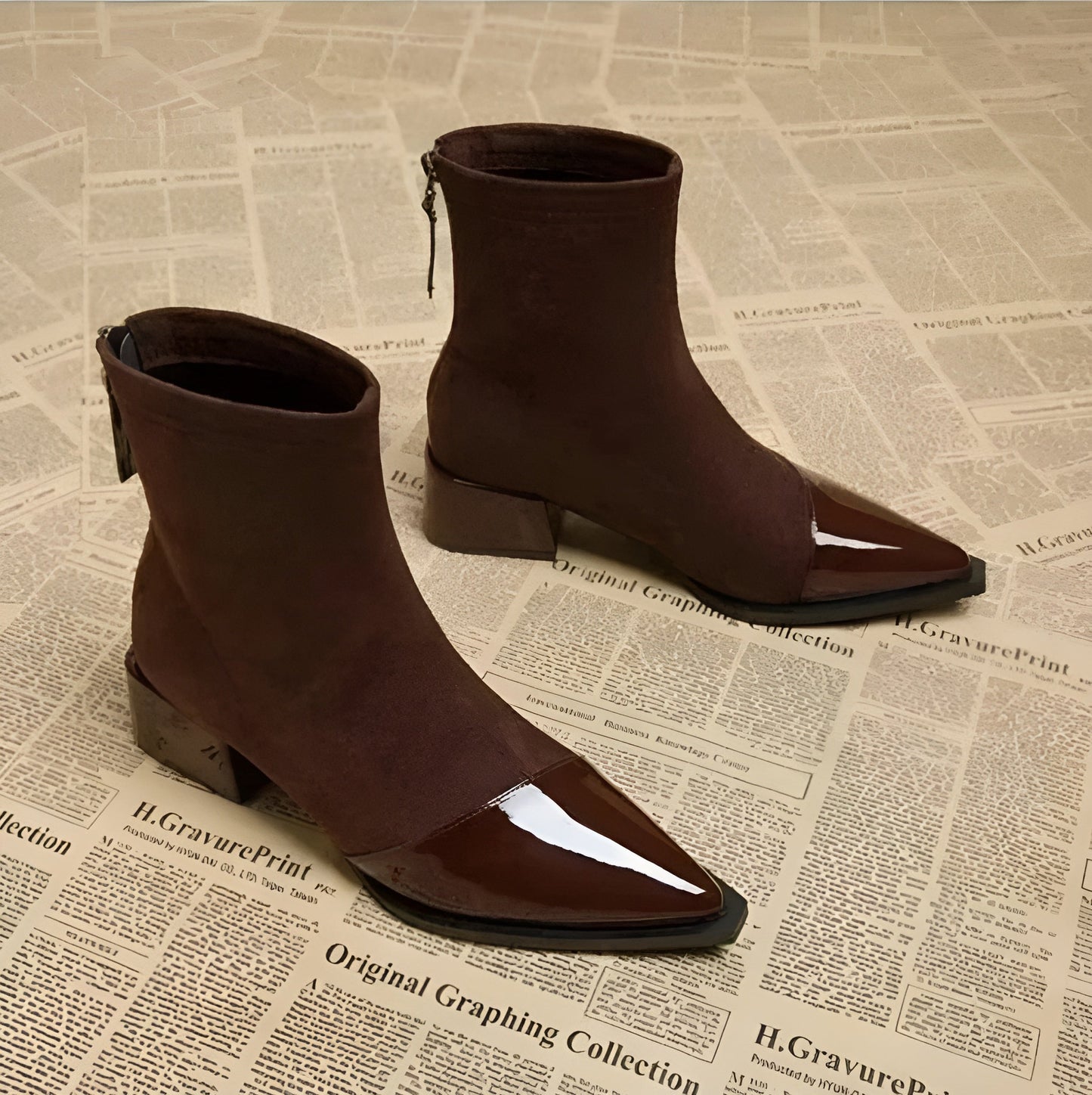 Women's Ankle Boots Pointed Toe Block Heel Black