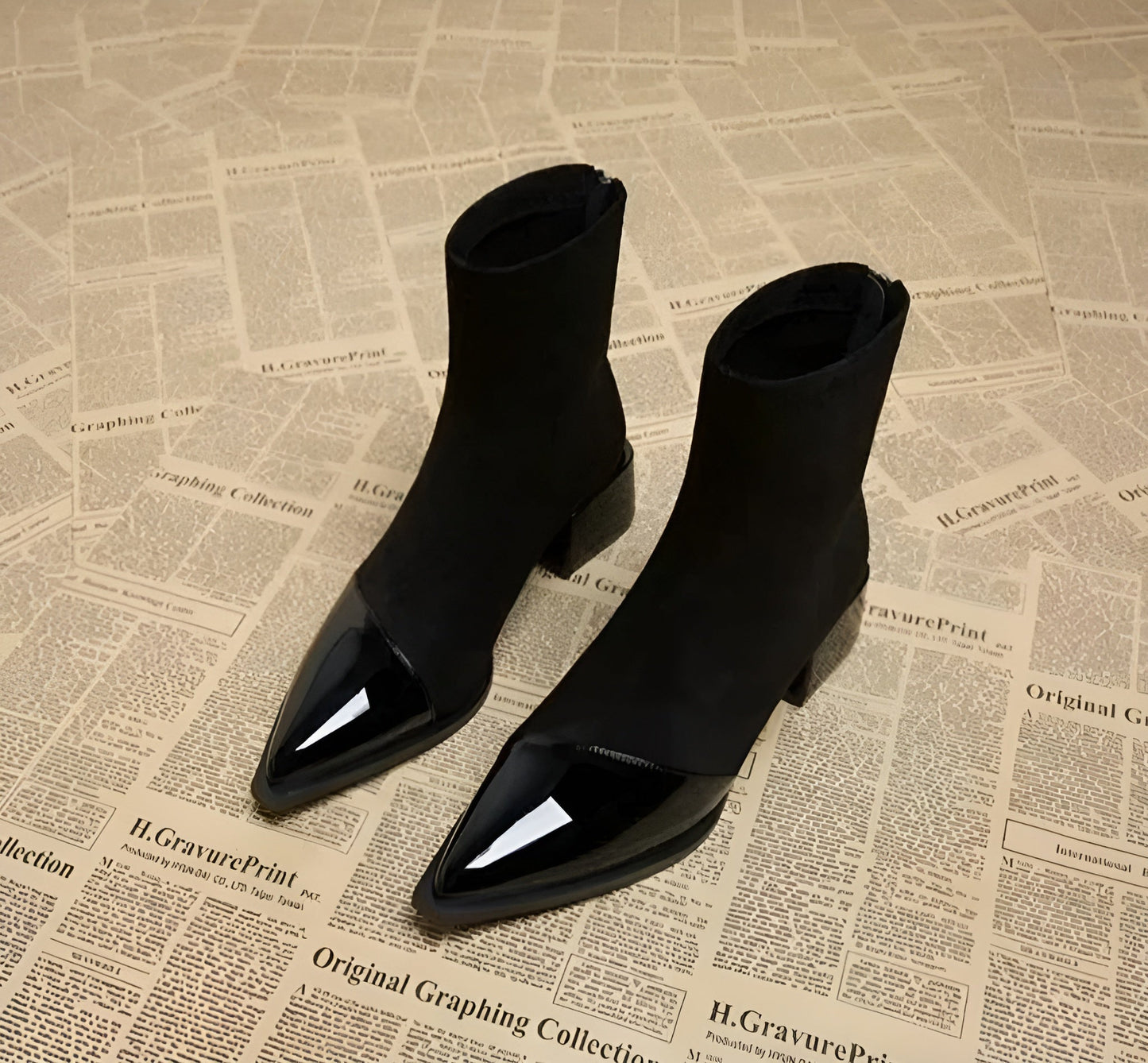 Women's Ankle Boots Pointed Toe Block Heel Black