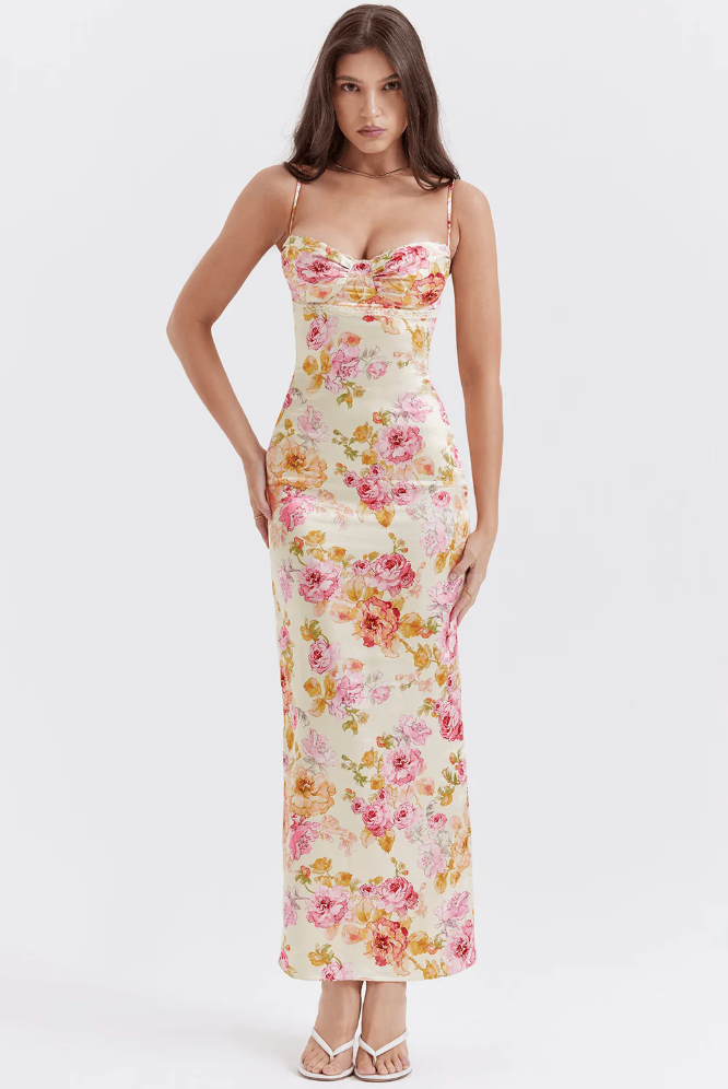 Women's Floral Spaghetti Strap Wedding Guest Dress - VibreMode