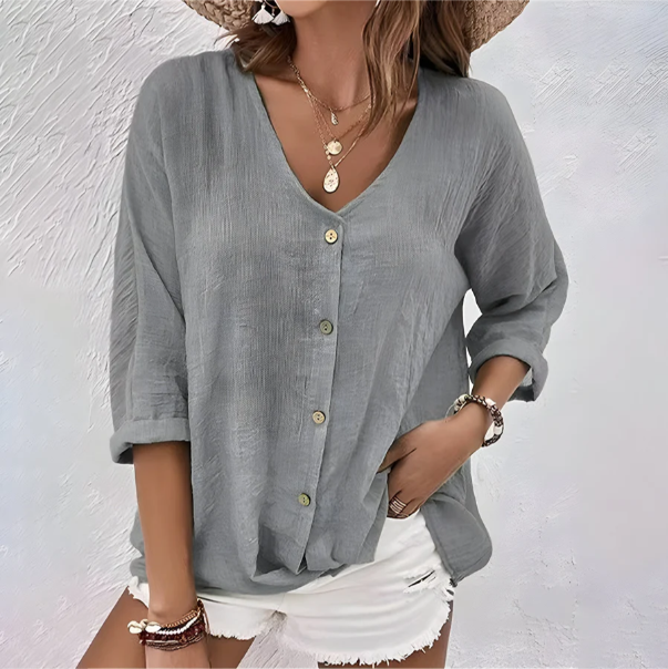 Women's V-Neck Blouse Three-Quarter Sleeves Curved Hem