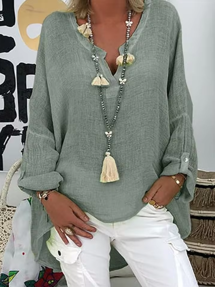 Women's V-Neck Blouse Rolled Sleeves