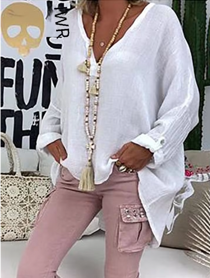Women's V-Neck Blouse Rolled Sleeves